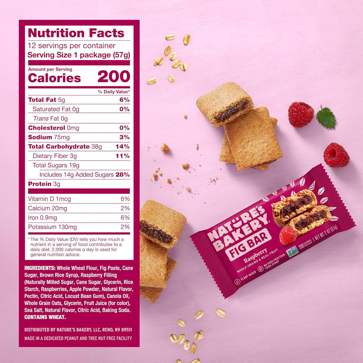 Nature's Bakery Raspberry Fig Bars, Real Fruit, Nut Free, Soft Baked Snack Bars, 12 Pack