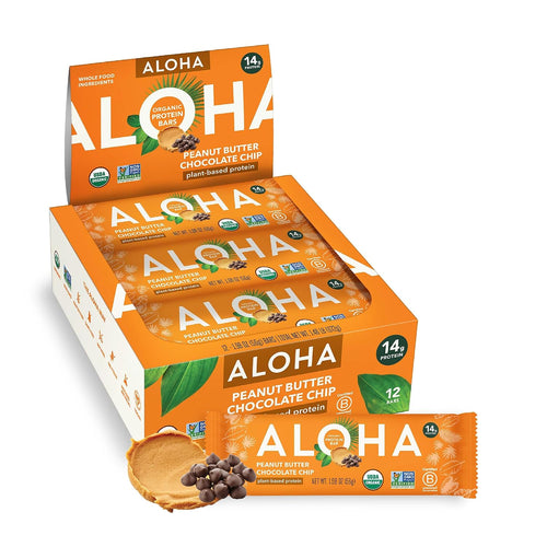 ALOHA Organic Plant Based Protein Bars, Peanut Butter Chocolate Chip, 12 Count, Vegan Protein Snack