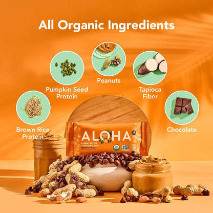 ALOHA Organic Plant Based Protein Bars, Peanut Butter Chocolate Chip, 12 Count, Vegan Protein Snack