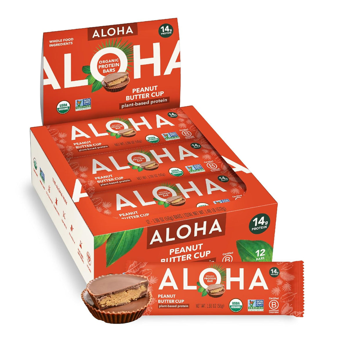 ALOHA Organic Plant Based Protein Bars, Peanut Butter Cup, Vegan, Low Sugar, Gluten Free, Low Carb, 12 Count