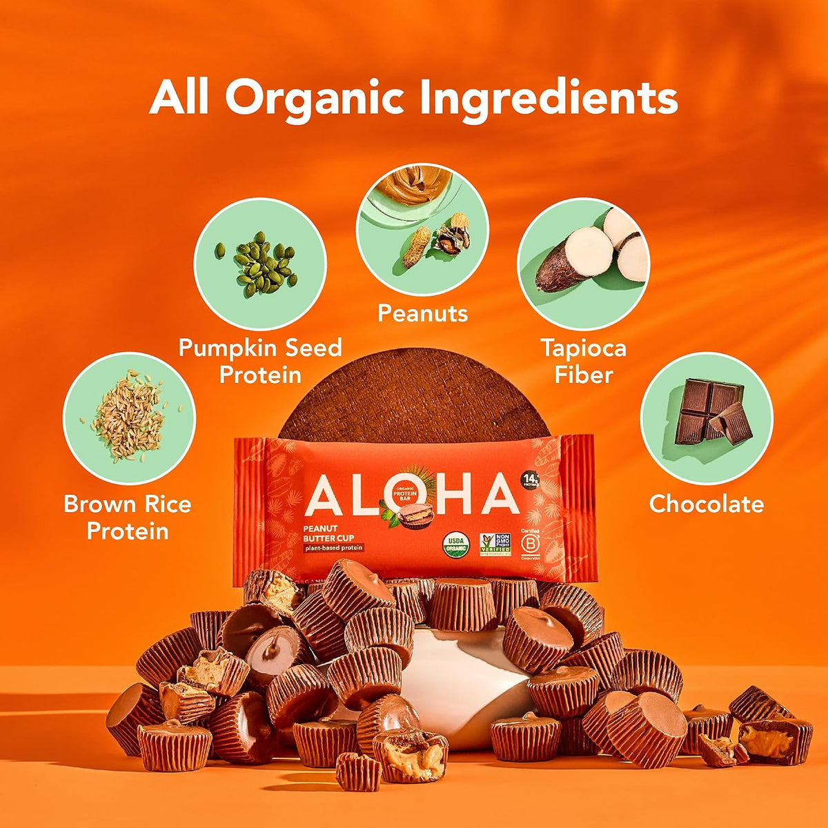 ALOHA Organic Plant Based Protein Bars, Peanut Butter Cup, Vegan, Low Sugar, Gluten Free, Low Carb, 12 Count