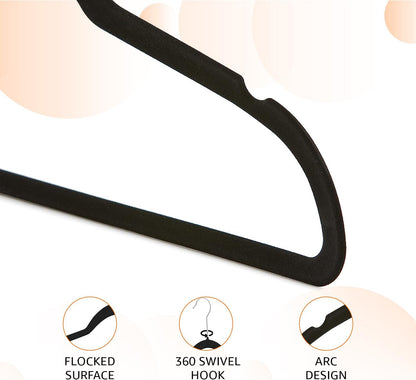 Slim Velvet Non-Slip Clothes Hangers, Space Saving Suit Hangers, Black/Silver, 30 Pack for Closet Organization