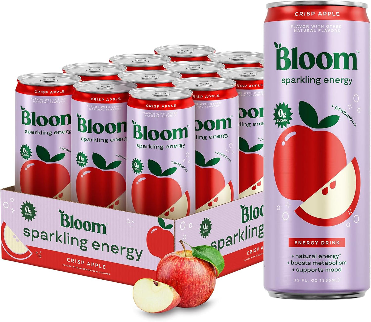 Bloom Nutrition Zero Sugar Energy Drink Apple Crisp 12oz, Ready-to-Drink, 12 Pack