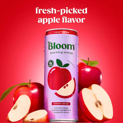 Bloom Nutrition Zero Sugar Energy Drink Apple Crisp 12oz, Ready-to-Drink, 12 Pack