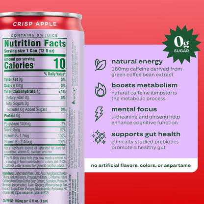 Bloom Nutrition Zero Sugar Energy Drink Apple Crisp 12oz, Ready-to-Drink, 12 Pack