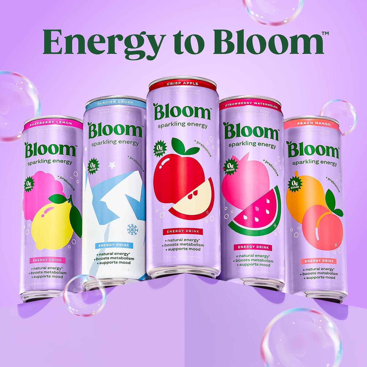 Bloom Nutrition Zero Sugar Energy Drink Apple Crisp 12oz, Ready-to-Drink, 12 Pack