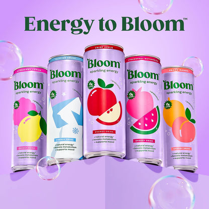 Bloom Nutrition Zero Sugar Energy Drink Apple Crisp 12oz, Ready-to-Drink, 12 Pack