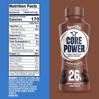 Core Power Fairlife 26g Protein Shake Chocolate, Ready-to-Drink Milk Shake, 14 Fl Oz, 12 Pack