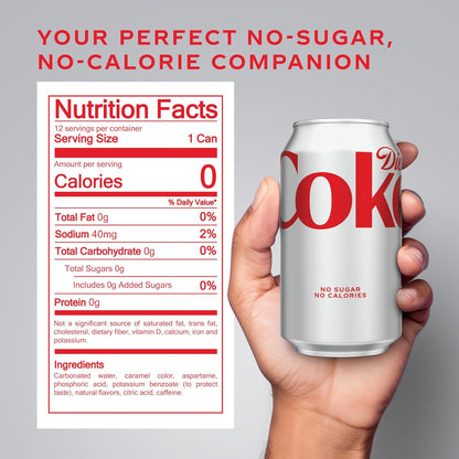 Diet Coke Soda, 12 Fl Oz Cans, 12 Pack, Zero Sugar Cola Soft Drink
