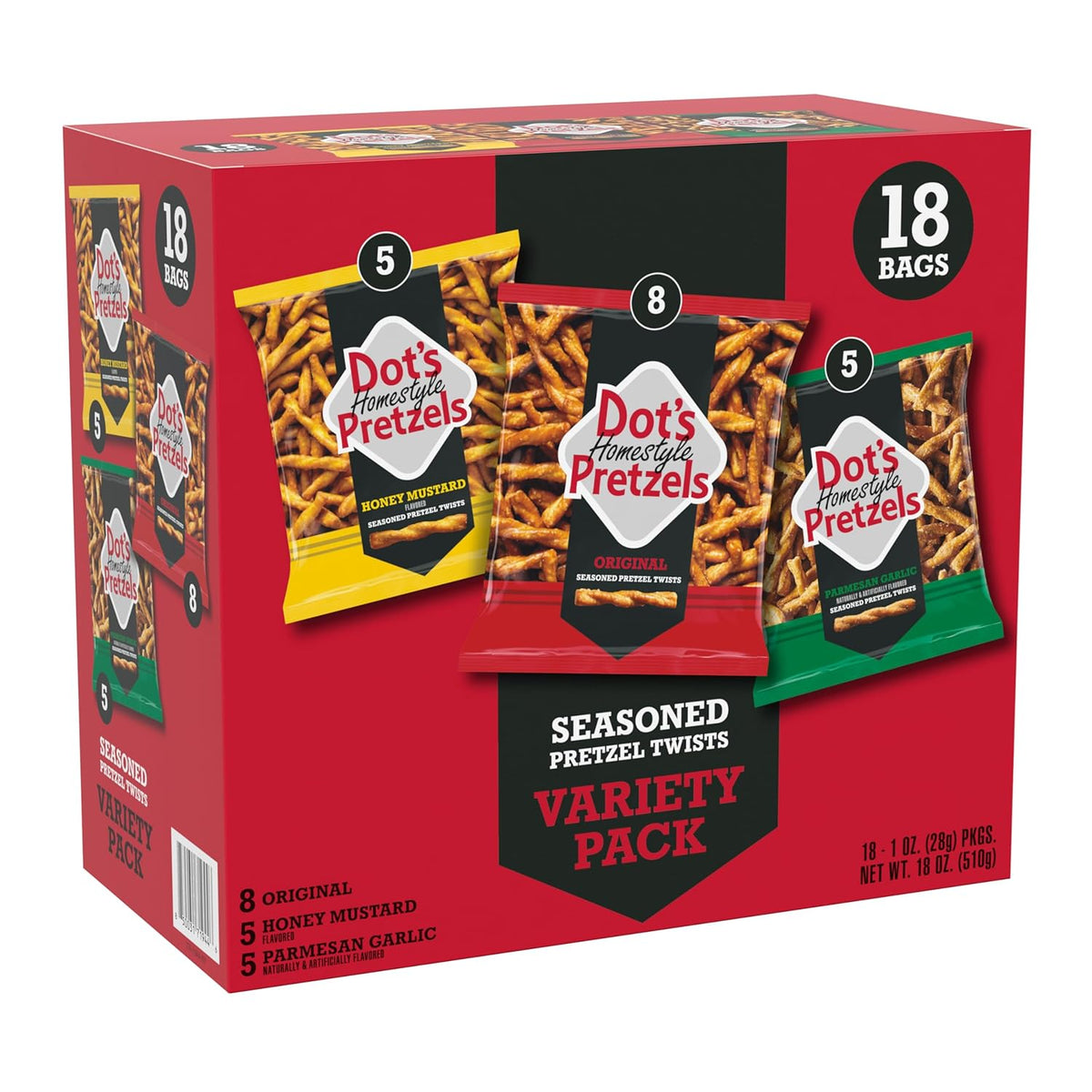 Dot's Pretzels Twists Variety Pack, 3 Flavors, 18 Count, Seasoned Pretzel Snacks, Crunchy Party Snack