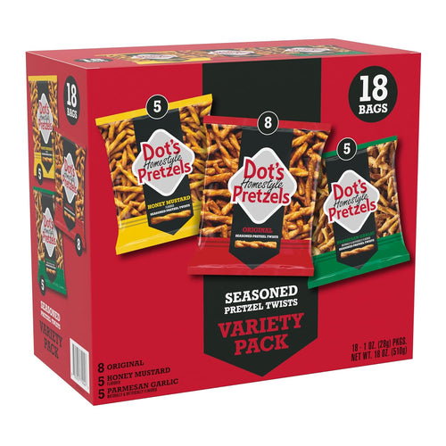 Dot's Pretzels Twists Variety Pack, 3 Flavors, 18 Count, Seasoned Pretzel Snacks, Crunchy Party Snack