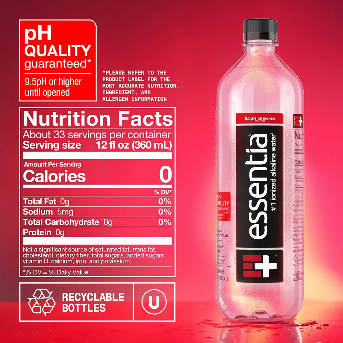 Essentia Ionized Alkaline Water, 9.5+ pH, 99.9% Pure, 1 Liter Bottles, 12 Pack