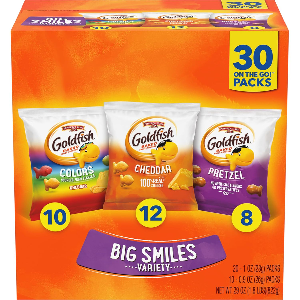 Goldfish Crackers Big Smiles Variety Pack, Cheddar, Colors & Pretzels, Snack Packs, 30 Count
