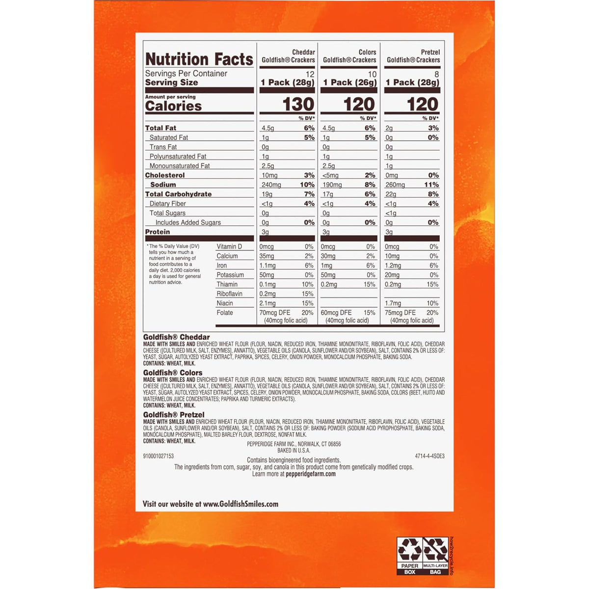 Goldfish Crackers Big Smiles Variety Pack, Cheddar, Colors & Pretzels, Snack Packs, 30 Count