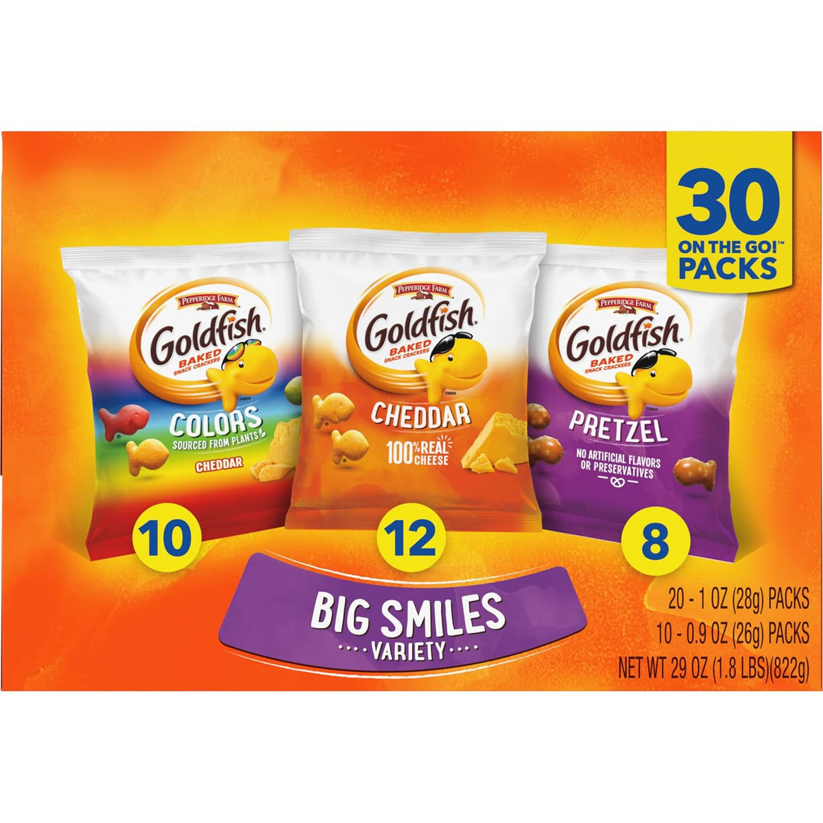 Goldfish Crackers Big Smiles Variety Pack, Cheddar, Colors & Pretzels, Snack Packs, 30 Count