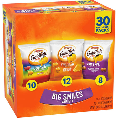 Goldfish Crackers Big Smiles Variety Pack, Cheddar, Colors & Pretzels, Snack Packs, 30 Count