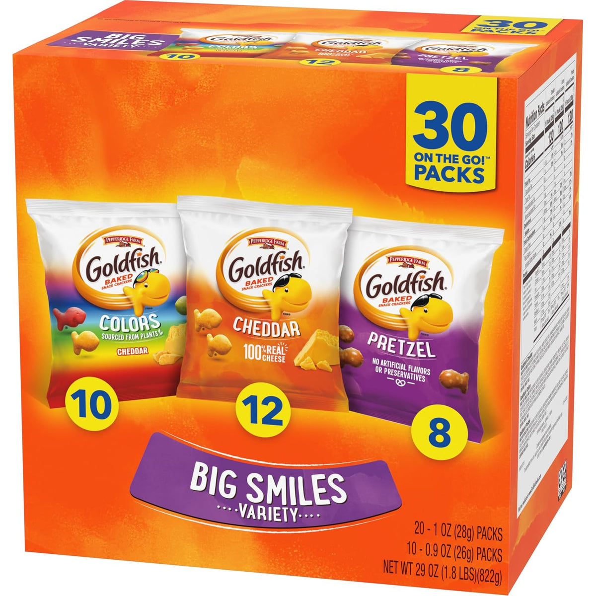 Goldfish Crackers Big Smiles Variety Pack, Cheddar, Colors & Pretzels, Snack Packs, 30 Count