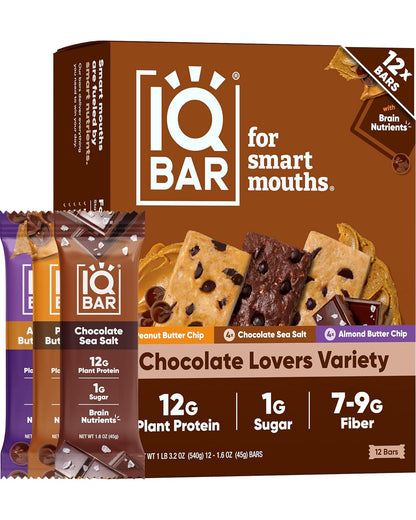 IQBAR Clean Protein Bars, Low Sugar, Assorted Chocolate Flavors, 12 Count, Protein Snack Bars