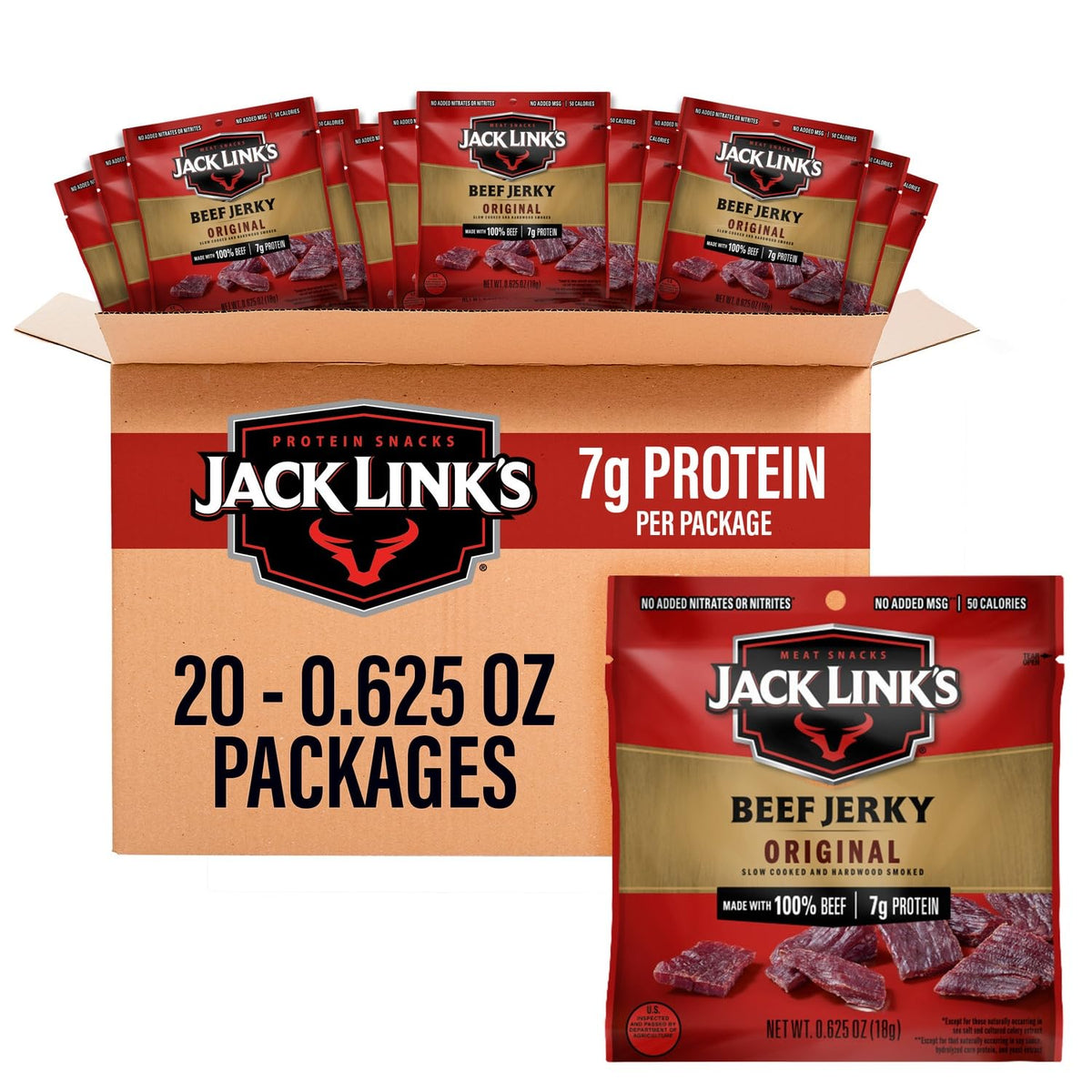 Jack Link's Original Beef Jerky, 0.625 Oz Individual Packs, 20 Count, High Protein Meat Snack
