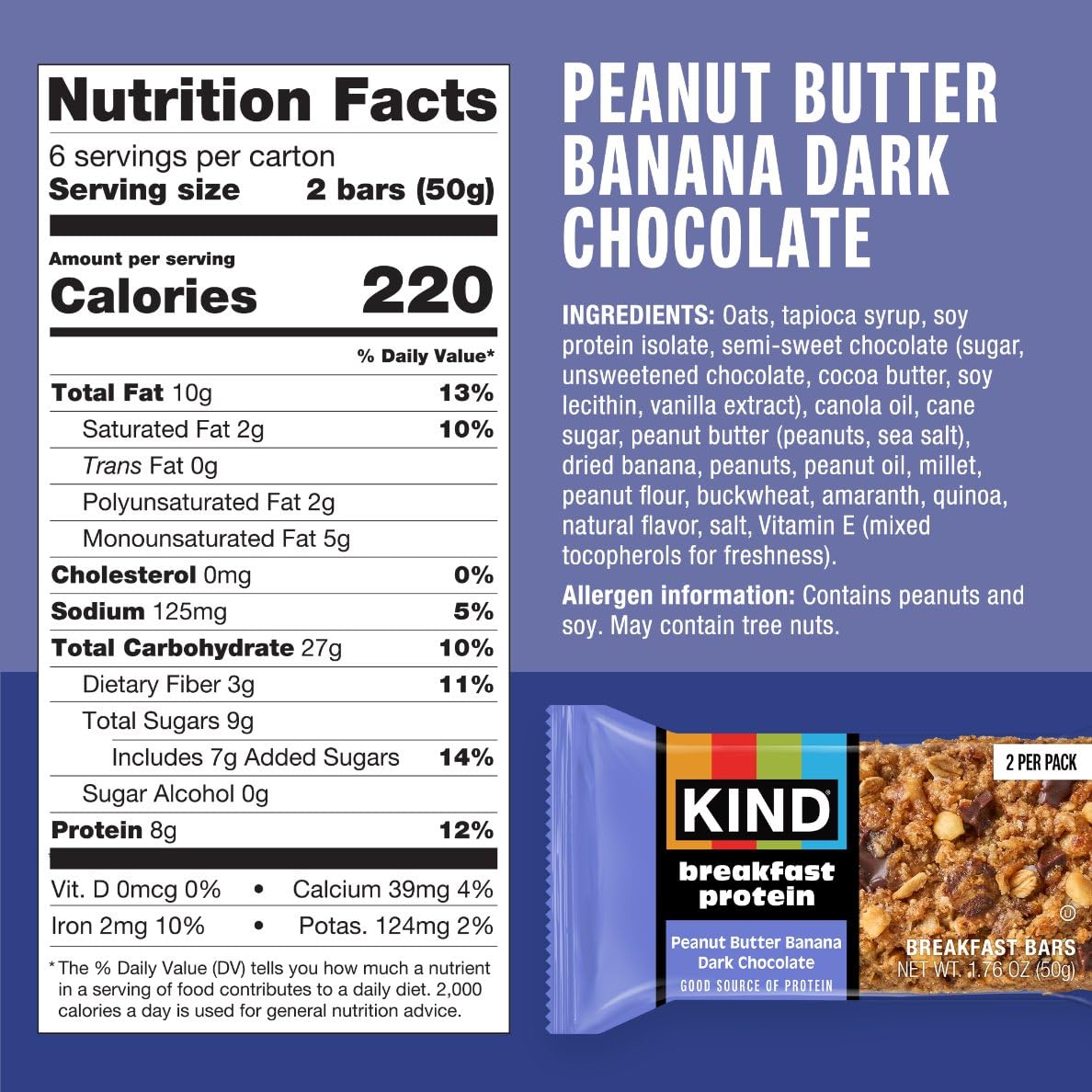 KIND PB Banana Dark Chocolate Protein Breakfast Bars, 6 Count, 10.58 oz, Peanut Butter & Banana Snack Bars