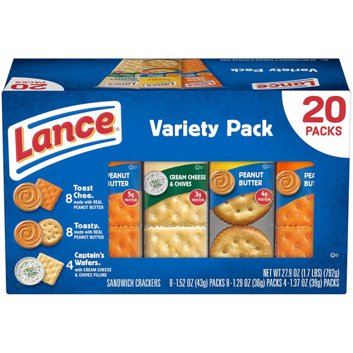Lance Assorted Sandwich Crackers Variety Pack, Cheese & Peanut Butter Snacks, 20 Count