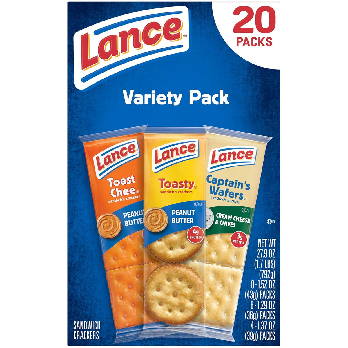 Lance Assorted Sandwich Crackers Variety Pack, Cheese & Peanut Butter Snacks, 20 Count