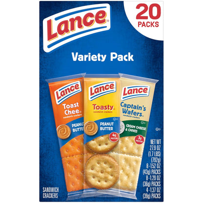 Lance Assorted Sandwich Crackers Variety Pack, Cheese & Peanut Butter Snacks, 20 Count