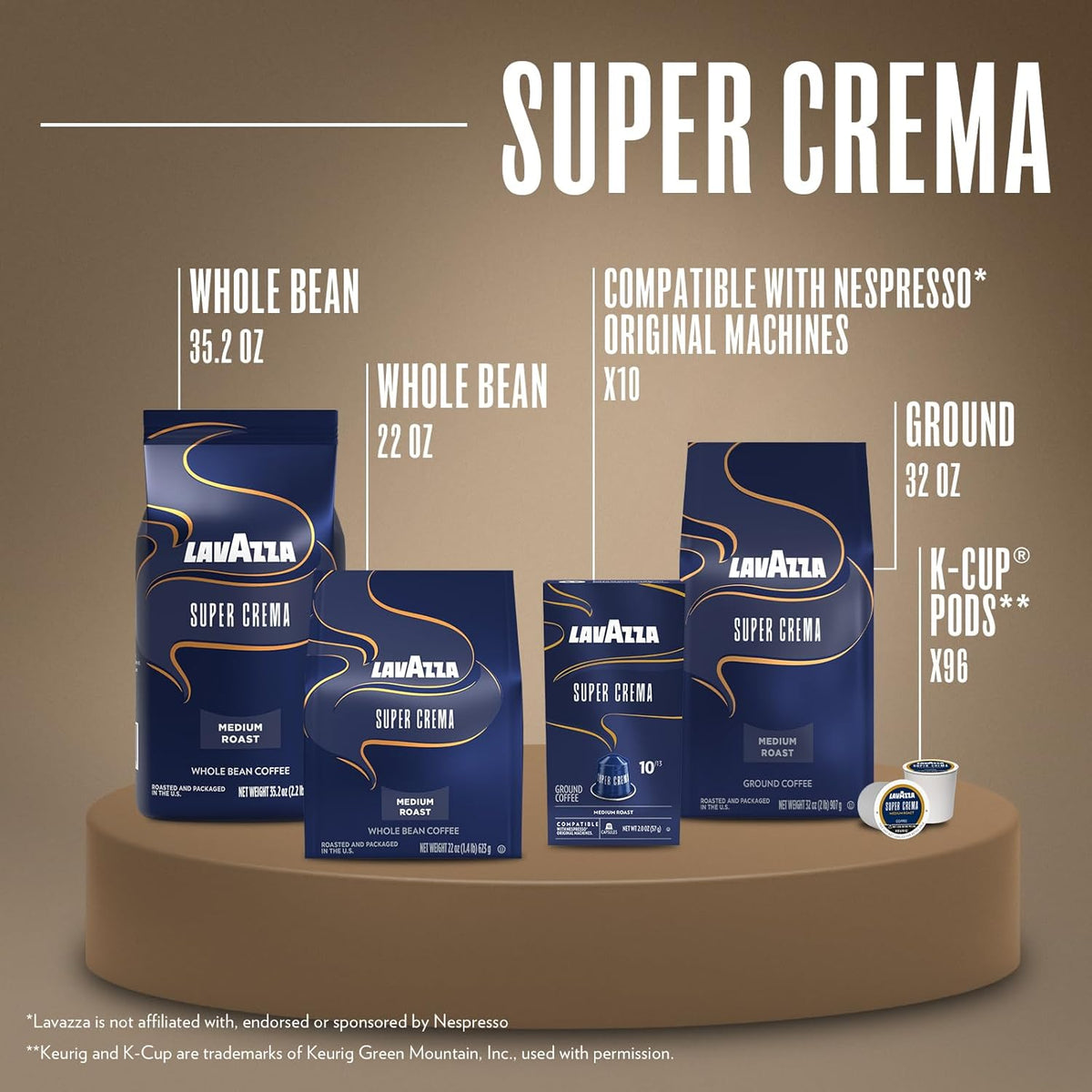Lavazza Super Crema Whole Bean Coffee, Medium Espresso Roast, Arabica & Robusta Blend, 2.2 lb Bag