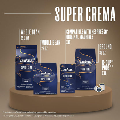 Lavazza Super Crema Whole Bean Coffee, Medium Espresso Roast, Arabica & Robusta Blend, 2.2 lb Bag