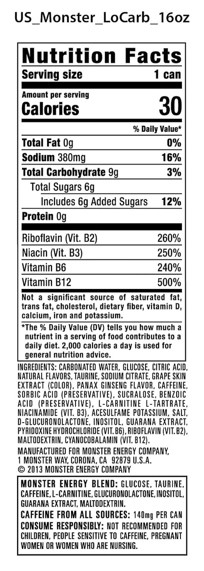 Monster Energy Lo-Carb Energy Drink, Low Carb, 16 Fl Oz Cans, Pack of 15, Original Flavor