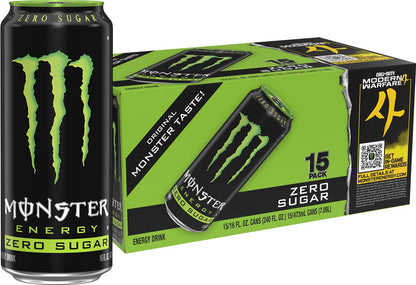 Monster Energy Zero Sugar Original Green Energy Drink, 16 Fl Oz Cans, Pack of 15, Low Calorie