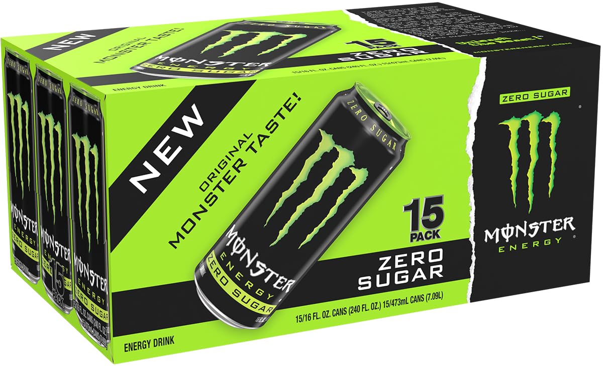 Monster Energy Zero Sugar Original Green Energy Drink, 16 Fl Oz Cans, Pack of 15, Low Calorie