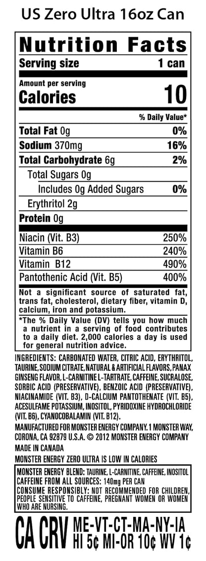 Monster Energy Zero Ultra Sugar Free Energy Drink, 16 Fl Oz Can, Zero Sugar Energy Beverage