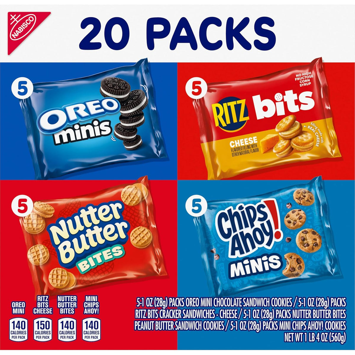 Nabisco Classic Mix Variety Pack, Oreo Mini, Chips Ahoy! Mini, Nutter Butter Bites, Ritz Bits Cheese, 20 Count