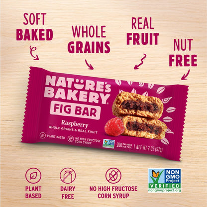 Nature's Bakery Raspberry Fig Bars, Real Fruit, Nut Free, Soft Baked Snack Bars, 12 Pack