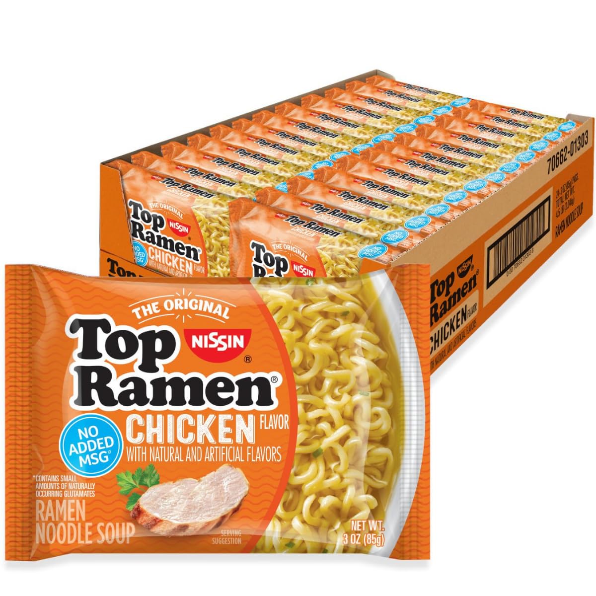Nissin Top Ramen Chicken Noodle Soup, 3 Oz Packs, 24 Count, Instant Ramen Noodles, Quick Meal