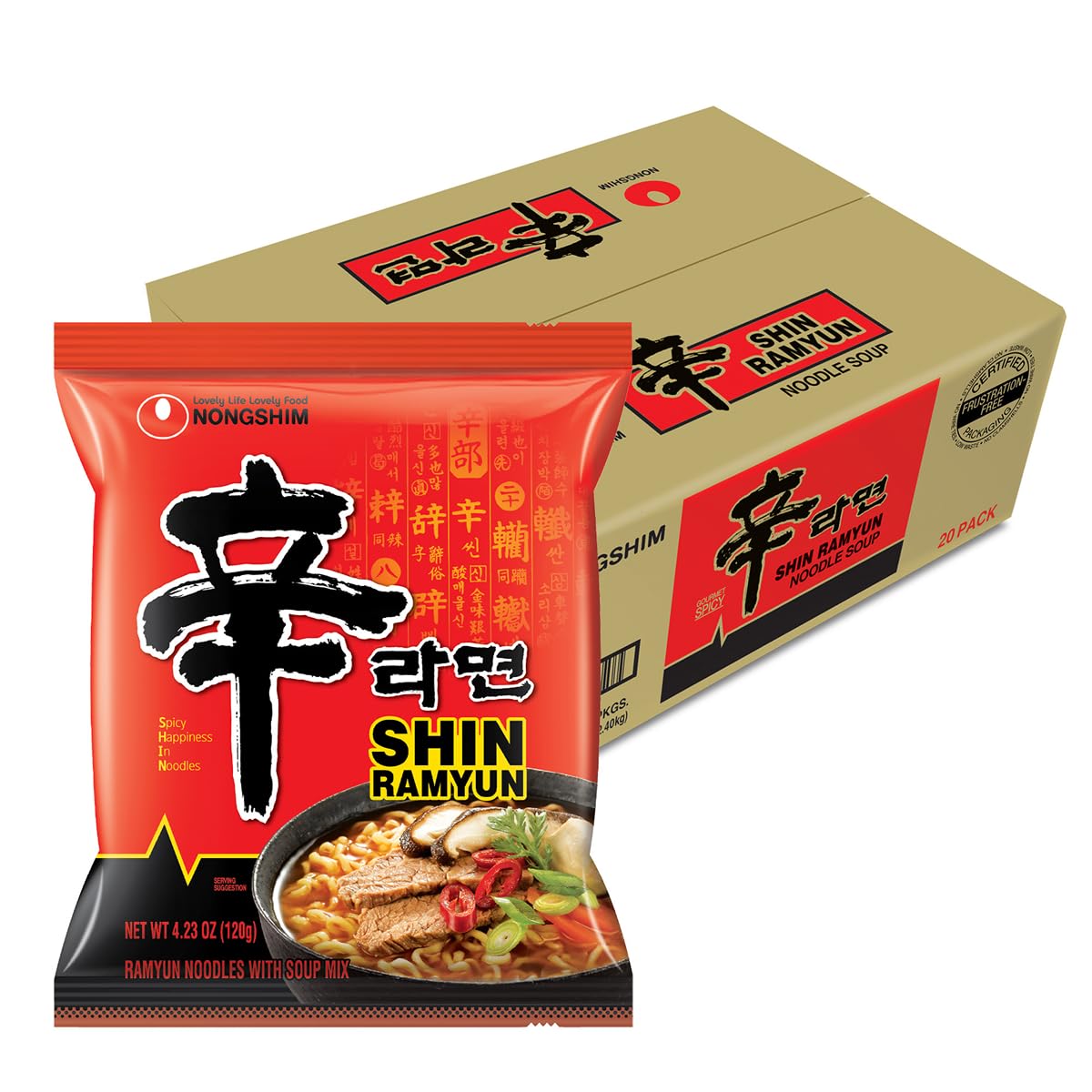 Nongshim Shin Ramyun Spicy Korean Instant Noodles, Beef Flavor, 4.23 Oz, Pack of 20, Microwaveable