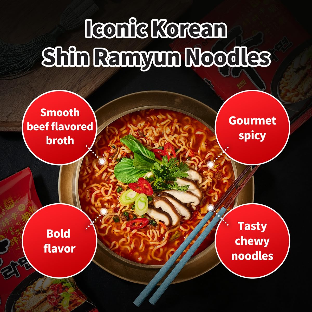 Nongshim Shin Ramyun Spicy Korean Instant Noodles, Beef Flavor, 4.23 Oz, Pack of 20, Microwaveable