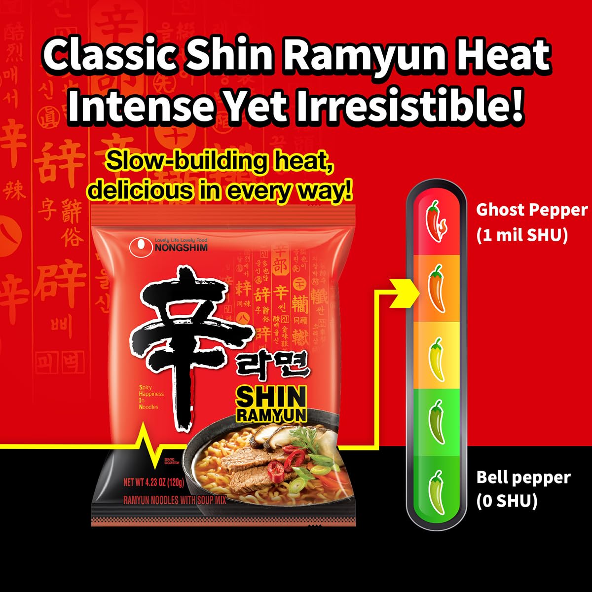 Nongshim Shin Ramyun Spicy Korean Instant Noodles, Beef Flavor, 4.23 Oz, Pack of 20, Microwaveable