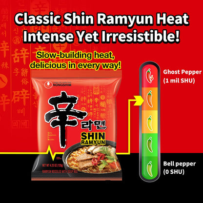 Nongshim Shin Ramyun Spicy Korean Instant Noodles, Beef Flavor, 4.23 Oz, Pack of 20, Microwaveable
