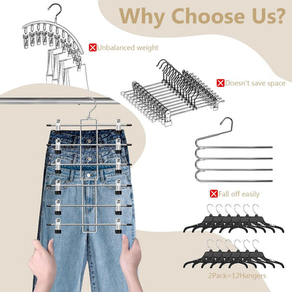 6-Tier Pants Hangers with Clips, Space Saving Closet Organizer, 360° Swivel Hook Skirt & Trouser Hangers, 2 Pack