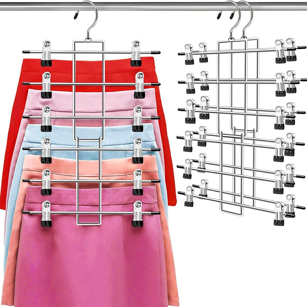 6-Tier Pants Hangers with Clips, Space Saving Closet Organizer, 360° Swivel Hook Skirt & Trouser Hangers, 2 Pack