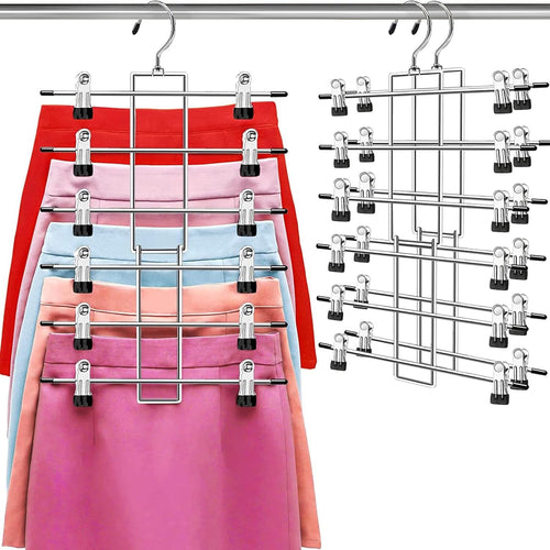 6-Tier Pants Hangers with Clips, Space Saving Closet Organizer, 360° Swivel Hook Skirt & Trouser Hangers, 2 Pack