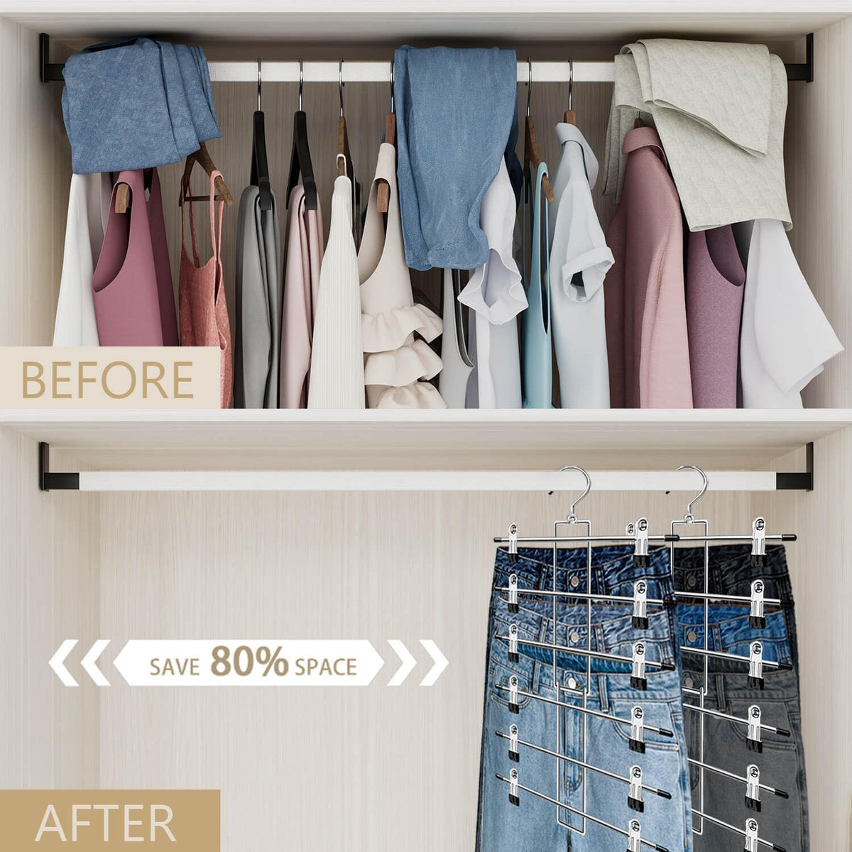 6-Tier Pants Hangers with Clips, Space Saving Closet Organizer, 360° Swivel Hook Skirt & Trouser Hangers, 2 Pack
