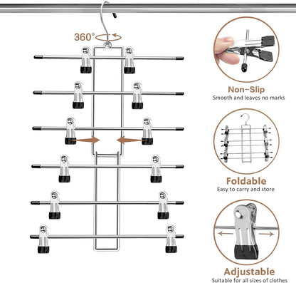 6-Tier Pants Hangers with Clips, Space Saving Closet Organizer, 360° Swivel Hook Skirt & Trouser Hangers, 2 Pack