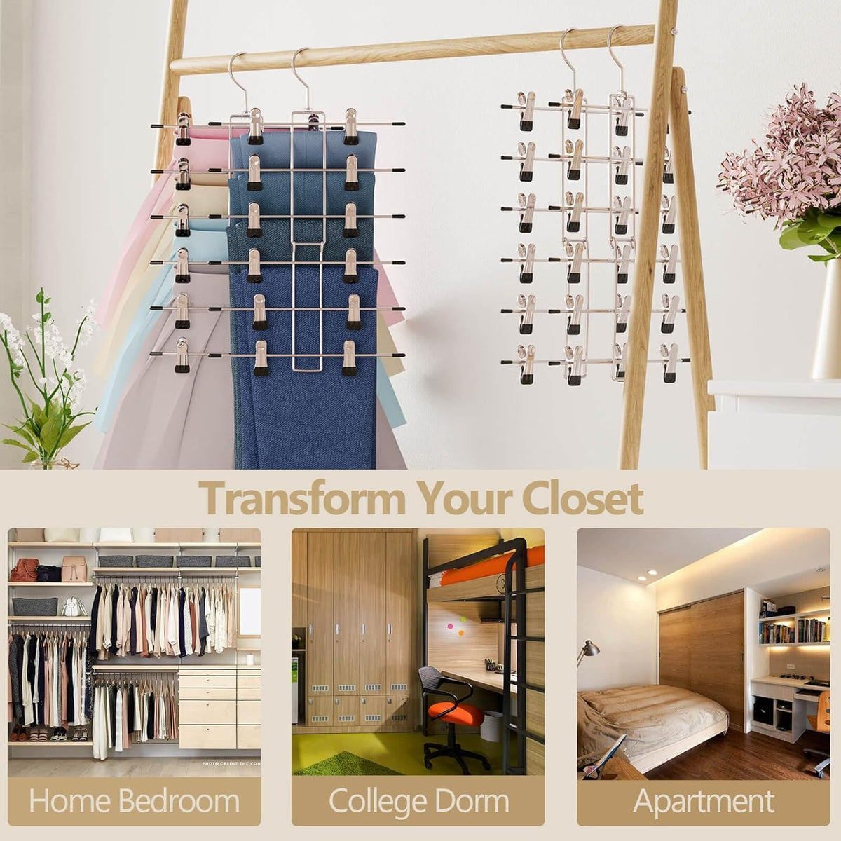 6-Tier Pants Hangers with Clips, Space Saving Closet Organizer, 360° Swivel Hook Skirt & Trouser Hangers, 2 Pack