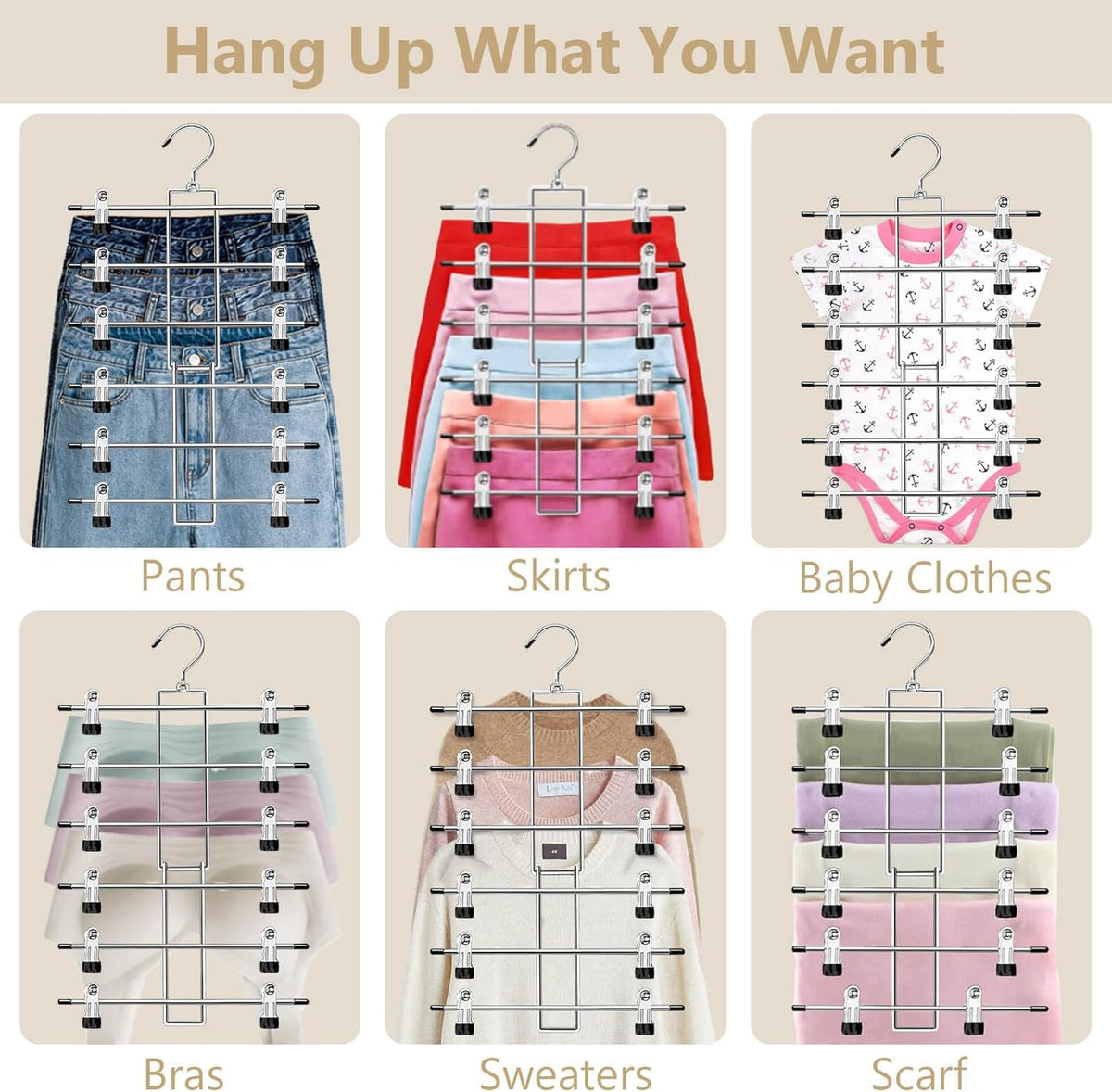 6-Tier Pants Hangers with Clips, Space Saving Closet Organizer, 360° Swivel Hook Skirt & Trouser Hangers, 2 Pack