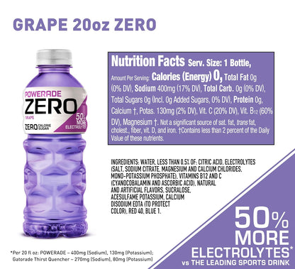 POWERADE ZERO Sugar Grape Sports Drink, Electrolyte Beverage, 20 Fl Oz Bottles, 8 Pack
