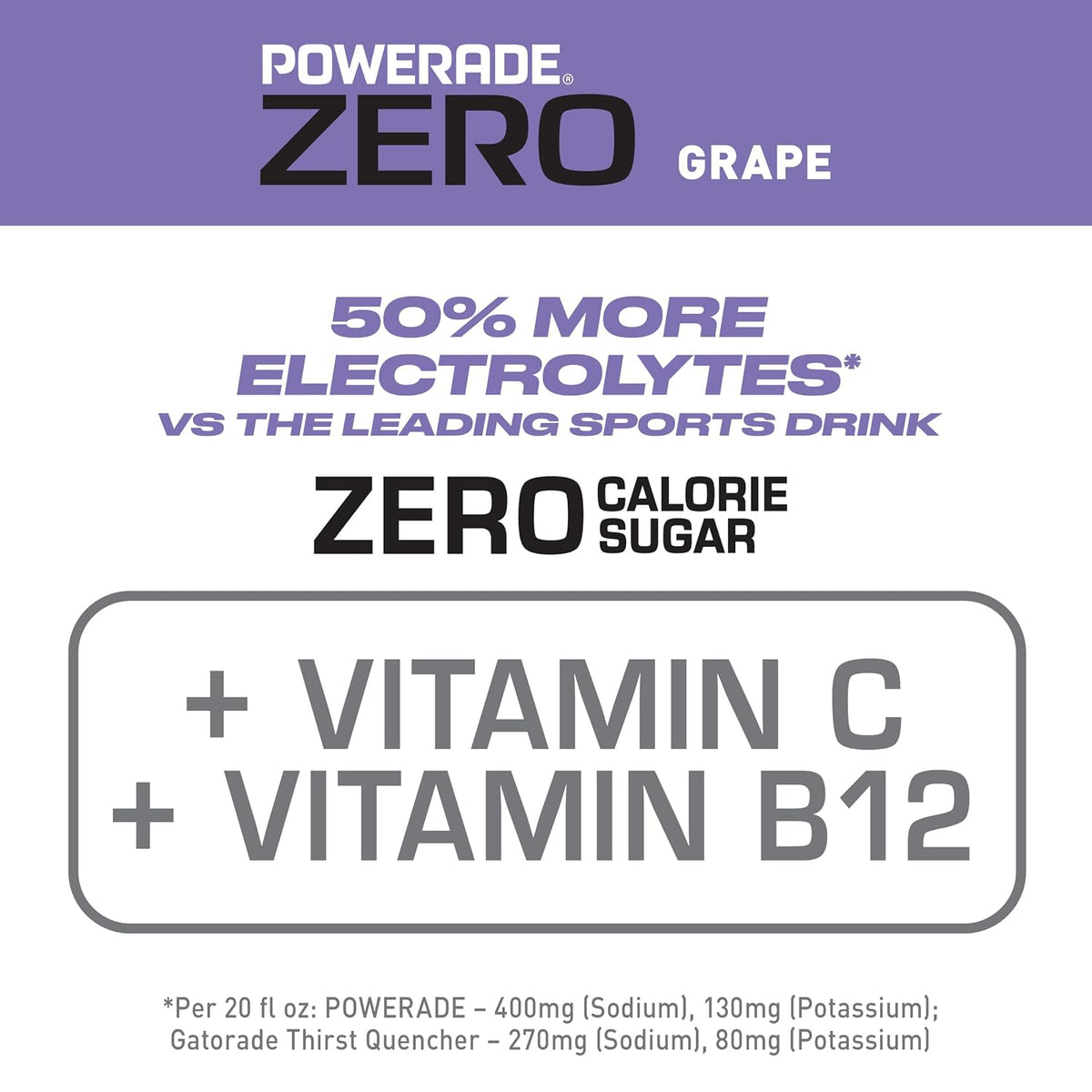 POWERADE ZERO Sugar Grape Sports Drink, Electrolyte Beverage, 20 Fl Oz Bottles, 8 Pack