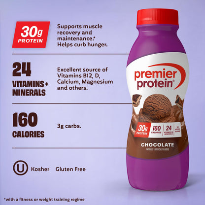 Premier Protein Shake 30g High Protein Chocolate, Vegetarian, Ready-to-Drink, 12 Bottles